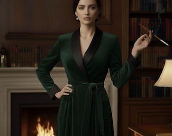 May include: A dark green velvet robe with black satin lapels and cuffs. The robe is tied at the waist with a matching belt. The woman is holding a cigarette in a holder. The background includes a fireplace and a bookshelf.