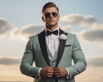 Mintgroen smokingpak - zwarte revers, 3-delige outfit bruiloft