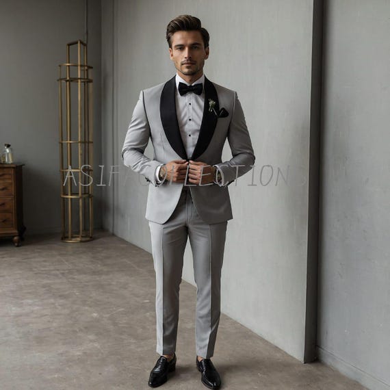 Light Grey Suit: Black Satin Lapel, Slim Fit Wedding Suit