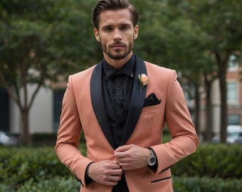 Men’s Peach 3 Piece Suit with Black Lapel, Vest and Pant Wedding Groom Tuxedo.
