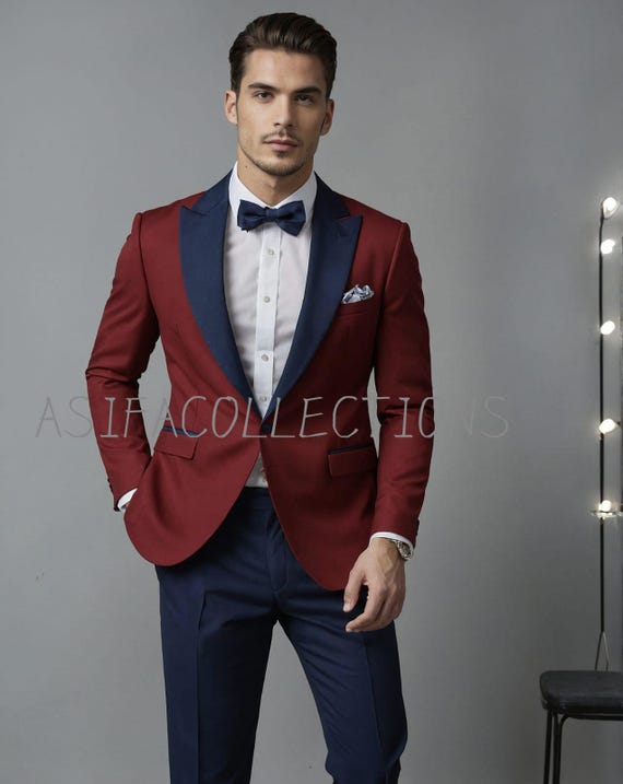 Burgundy Red & Navy Blue Suit: Elegant Slim Fit Two-Piece - Groomsmen