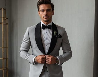 Traje gris claro: traje de boda entallado con solapa de satén negro