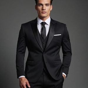 Men&#39;s Black Three-Piece Suit with Satin-Lapel Premium Tuxedo, Elegant Slim Fit Blazer with Matching Trousers for Groomsmen.
