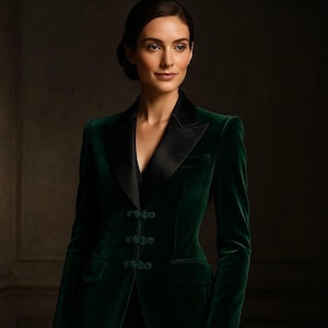 Peut inclure: Un blazer en velours vert foncé avec un revers en satin noir et trois fermetures à brandebourgs décoratives. Le blazer a une coupe ajustée et des manches longues. La femme sur l'image porte le blazer.