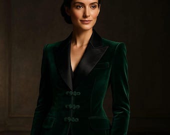 Emerald Green Velvet Blazer: Women's Elegant Satin Lapel Frog Button Jacket
