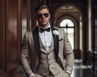 Luxe beige smokingkostuum – 3-delig formeel trouwpak met zwarte revers