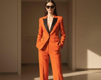 Custom Women's Orange Suit, Black Lapel Blazer & Pants, Formal Wear