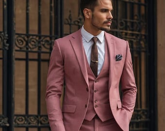 Luxury Rosewood Linen 3-Piece Men's Suit: Elegant Slim Fit Wedding Blazer