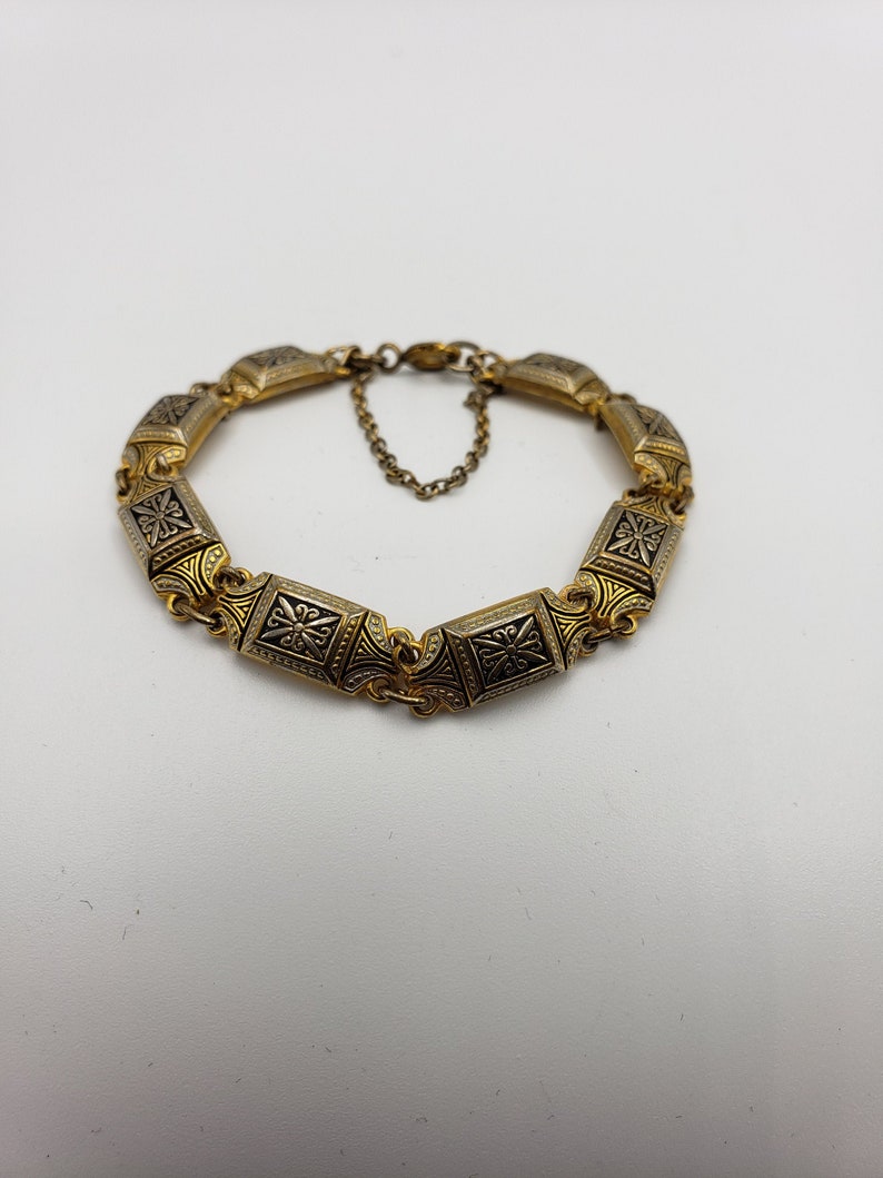 Art Deco Damascene Enamel Bracelet Gold Tone rectangular links and Black Gold Geometric Link bracelet,- 2.50 shipping Quality