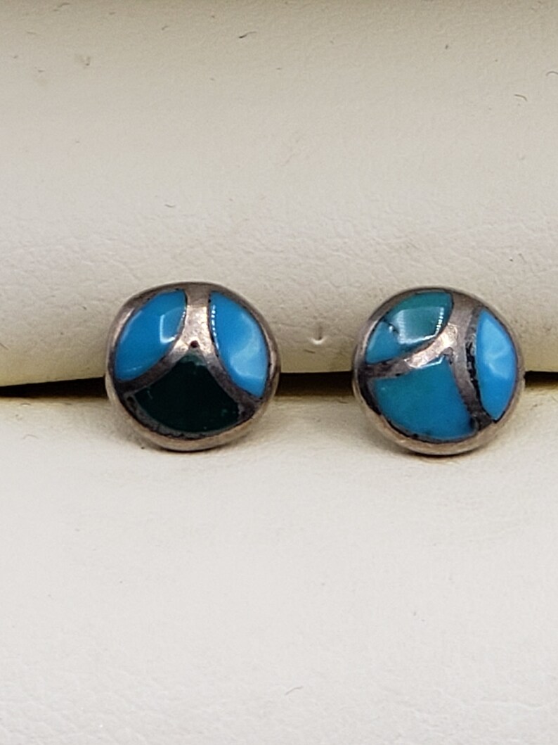 Sterling Turquoise and Malachite Inlay Stud Earrings 2.50 shipping signed Sterling 925