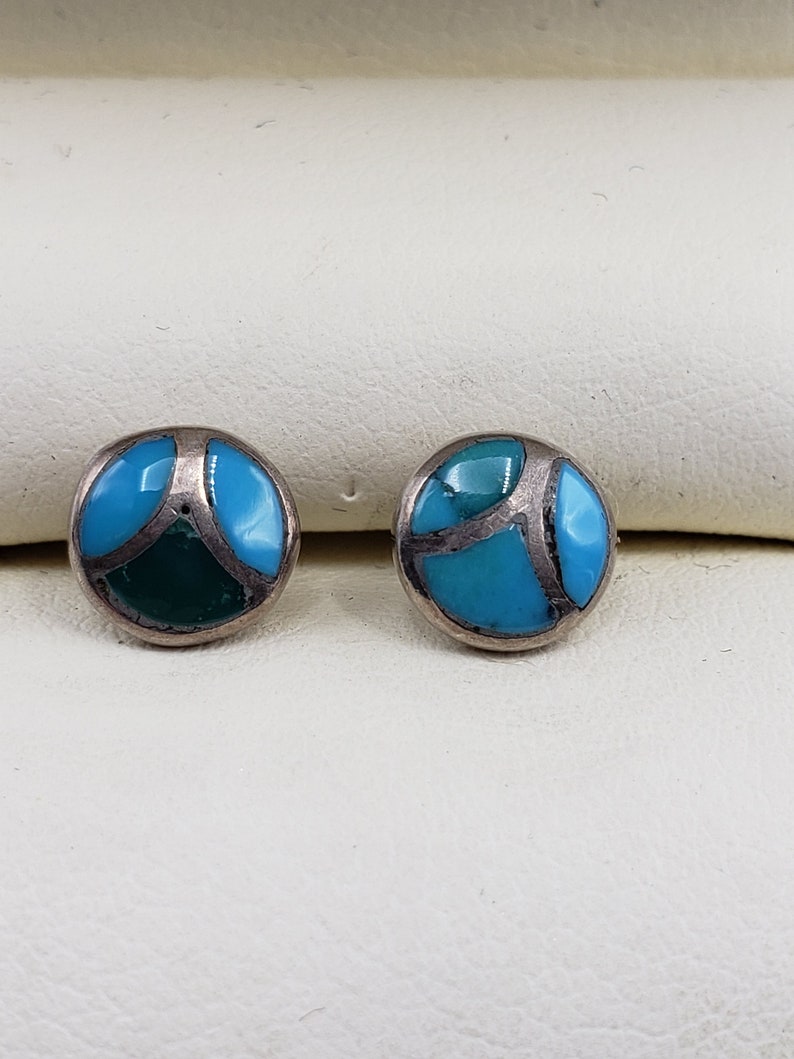 Sterling Turquoise and Malachite Inlay Stud Earrings 2.50 shipping signed Sterling 925