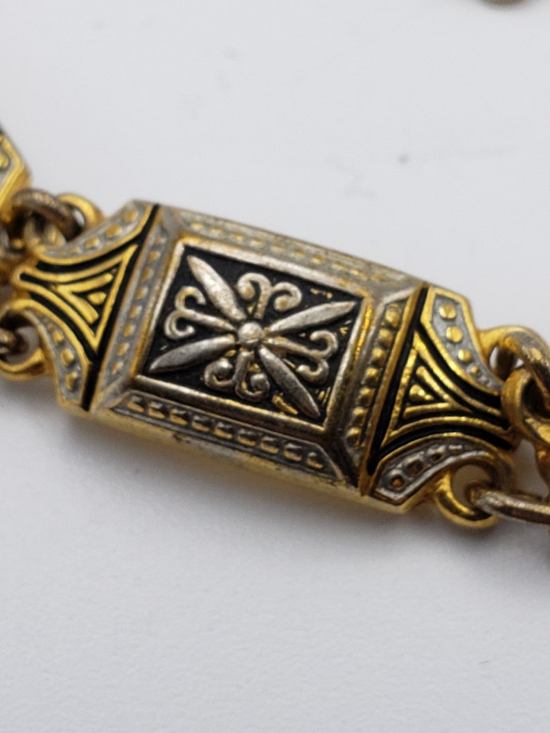 Art Deco Damascene Enamel Bracelet Gold Tone rectangular links and Black Gold Geometric Link bracelet,- 2.50 shipping Quality