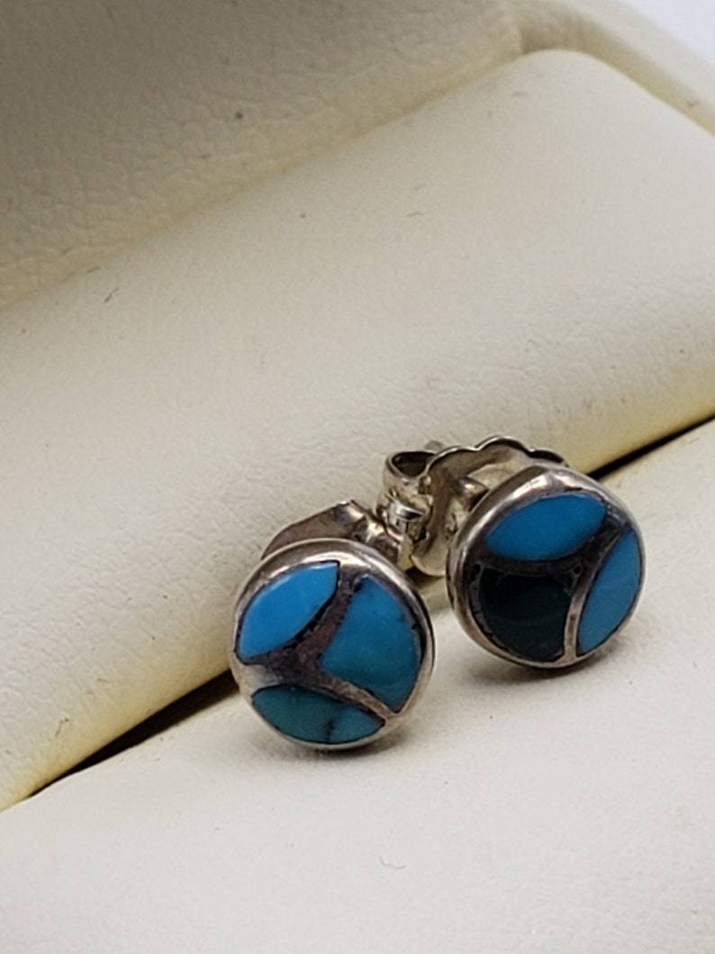 Sterling Turquoise and Malachite Inlay Stud Earrings 2.50 shipping signed Sterling 925