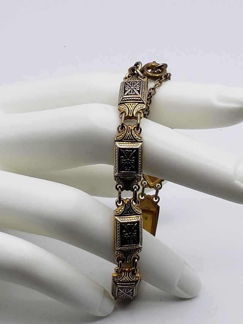 Art Deco Damascene Enamel Bracelet Gold Tone rectangular links and Black Gold Geometric Link bracelet,- 2.50 shipping Quality