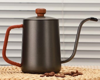 Stainless steel pour-over coffee maker | Long spout, narrow neck coffee maker | Rope-tethered coffee maker | Drip coffee maker with lid