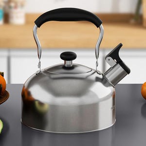 May include: A stainless steel stovetop kettle with a black handle and spout lever. The kettle has a rounded body and a black knob on the lid. The spout has a flip-up lever. The kettle is designed for heating water.