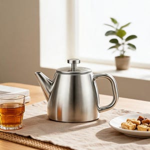 Modern tekanna i rostfritt stål, elegant metalltekanna med hällpip, minimalistisk köksredskap för teälskare