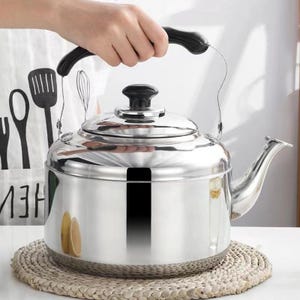 Può includere: Una teiera lucida in acciaio inossidabile con manico e pomello neri. La teiera è su un tappetino intrecciato. Il beccuccio è curvo e il manico è arcuato. La teiera è tenuta da una persona.