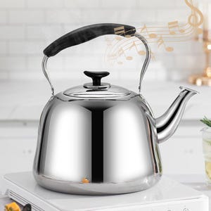 May include: A shiny, stainless steel tea kettle with a black handle and lid knob. The kettle is on a white surface, with steam rising from the spout. Musical notes are depicted above the kettle.