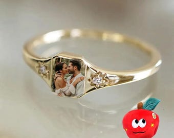 Custom Photo Ring, Gift Box Upgrade,Heart Birthstone, Engraved Sterling Silver, Valentine's Gift