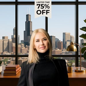 May include: A woman with blonde hair wearing a black turtleneck and blazer sits at a wooden desk. Behind her is a cityscape visible through a large window. A banner in the upper left corner reads "LIMITED TIME 75% OFF."