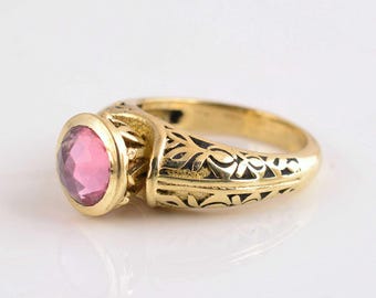 Pink Tourmaline Ring, Vintage Brass Filigree Band, Bohemian Jewelry