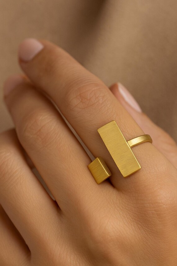 Geometric Brass Ring – Modern Minimalist Adjustable Jewelry, Bold Statement Ring for Women, Handmade Brass Gift