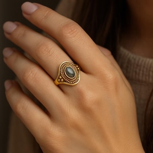 Labradorite Brass Tribal Ring | Oval Gemstone Boho Ring for Her | Handmade Ethnic Jewelry | Spiritual Statement Ring | Mystic Gift Idea