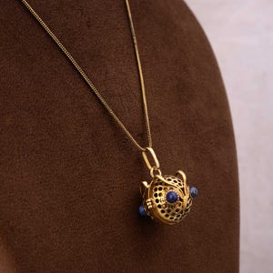 Gold Owl Pendant Necklace with Lapis Lazuli Eyes – Artisan Handcrafted Brass Jewelry – Unique Owl Charm – Spiritual Gift