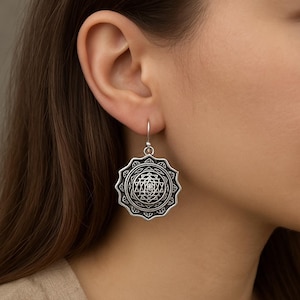 Mandala Dangle Earrings, Sri Yantra Silver Earrings, Spiritual Boho Drop Jewelry, Yoga Festival Gift for Women