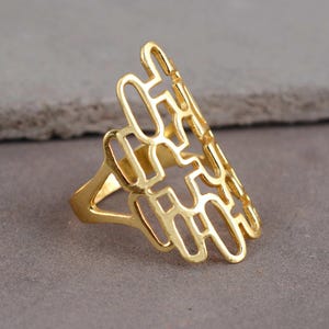 Abstract Geometric Brass Ring, Handmade Openwork Statement Ring, Modern Bold Gold Tone Ring for Women, Adjustable Artistic Jewelry Gift