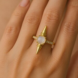Rainbow Moonstone Ring, Unique Brass Spike Ring, Boho Statement Jewelry, Healing Crystal Ring, Dainty Gemstone Ring, Gift for Her