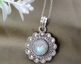Moonstone Pendant Necklace – Sterling Silver Boho Jewelry, Vintage Style Healing Crystal Necklace, Gift for Women