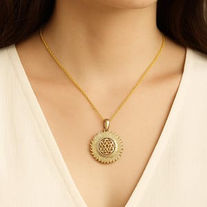 Gold Sunburst Chakra Pendant Necklace – Sacred Geometry Flower of Life Jewelry, Spiritual Healing Necklace, Boho Gift for Her