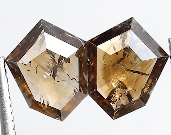 May include: Two brown, shield-cut diamonds are held by a pair of silver tweezers against a white background. The diamonds have a warm, golden hue with visible inclusions and facets, showcasing their unique character. The gemstones are displayed closely together.
