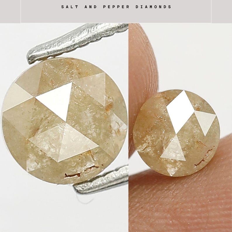 Op de afbeelding: Twee ronde zout- en peperdiamanten worden getoond. De diamanten hebben een lichtbruine tint met witte facetten. E&eacute;n diamant wordt vastgehouden door een zilveren gereedschap, de andere door een vinger. De tekst "SALT AND PEPPER DIAMONDS" staat bovenaan.