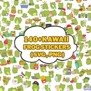 140 Cute Frog Stickers ,Kawaii SVG and  PNG Bundle , Digital Frog Clipart for Cricut, Planners, Journals & Kids Crafts