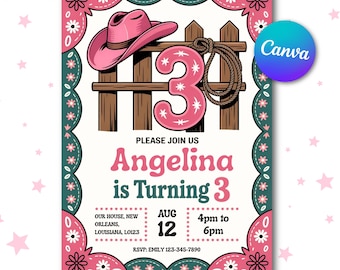 Invitación de rodeo vaquera para tercer cumpleaños: plantilla editable de fiesta vaquera rosa para niñas