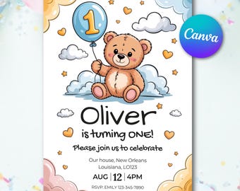 Invitación de primer cumpleaños de osito de peluche: plantilla editable de Canva