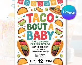 Invitación editable para revelar el género: Plantilla de invitación a la fiesta Taco Bout a Baby
