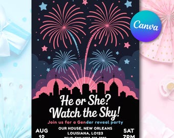 Invitación para revelar el género de su bebé con fuegos artificiales / Él o ella observando el cielo / Plantilla editable de Canva