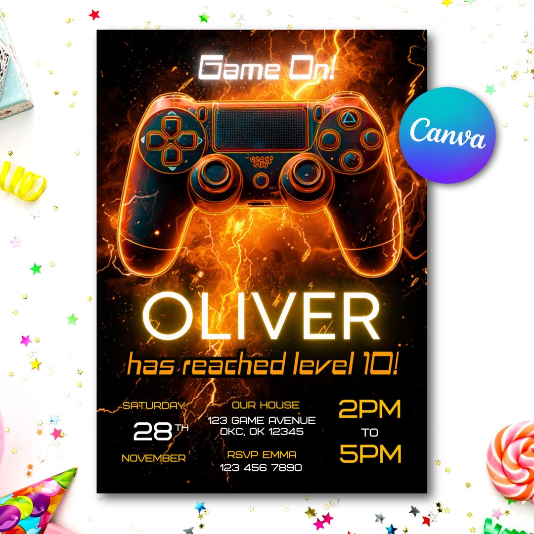 Orange Gamer Birthday Invitation: Video Game Controller, Editable Canva ...