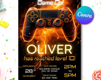 Invitación de cumpleaños de jugador naranja: Control de videojuego, plantilla editable de Canva (descarga digital)