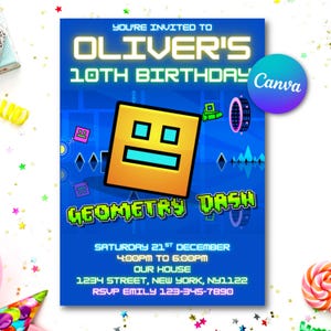 Puede incluir: Una invitación de cumpleaños azul con el texto "You're Invited To Oliver's 10th Birthday". Presenta un personaje cuadrado amarillo con una cara y las palabras "Geometry Dash". También se incluye la fecha, la hora, la dirección y la información de RSVP.