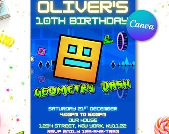 Invitación de cumpleaños editable de Geometry Dash, diseño azul neón (descarga digital)