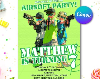 Invitación de cumpleaños de airsoft: Plantilla editable de Canva (Descarga digital 5x7 en PDF/PNG)