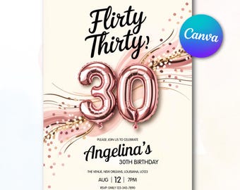 Invitación editable para 30 cumpleaños: coqueta invitación para fiesta de treinta años en oro rosa