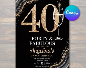 Invitación editable para el 40 cumpleaños – Champán negro y dorado (Plantilla de Canvas)