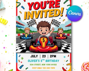 Invitación de cumpleaños de karts: Fiesta de carreras, plantilla editable de Canva (descarga digital)
