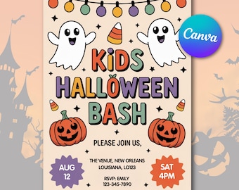 Invitación para fiesta de Halloween infantil: Diseño de fantasma y calabaza (Plantilla editable de Canva)